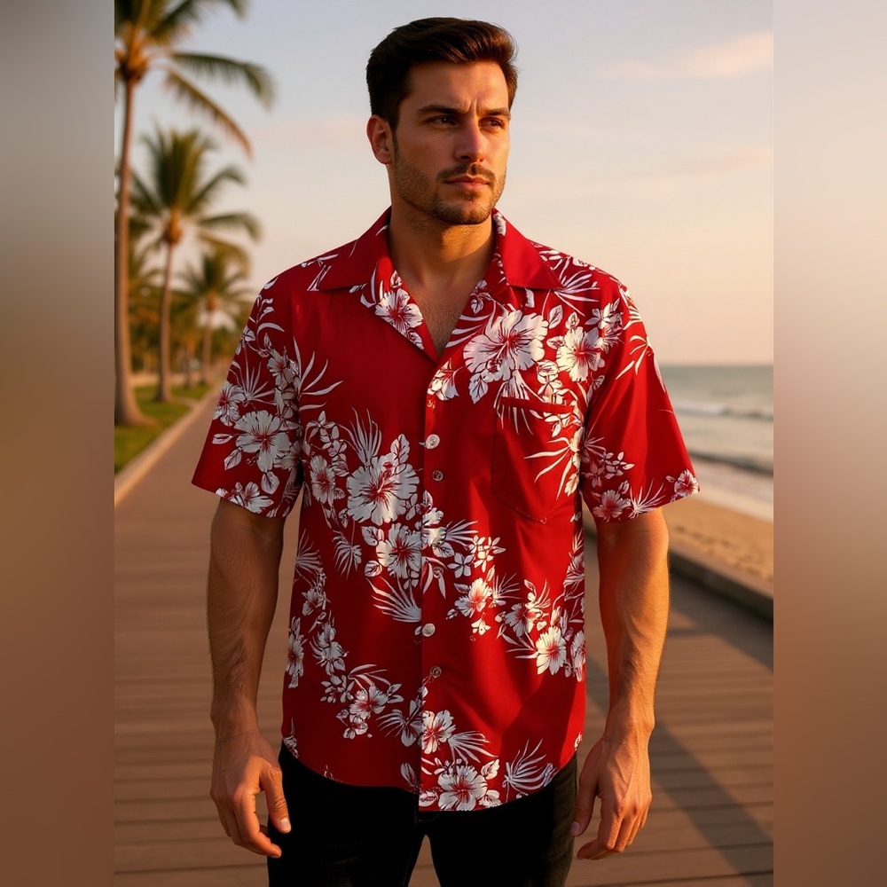 Men MALIHINI HAWAII Hawaiian button down Shirt red white hibiscus flowers LARGE